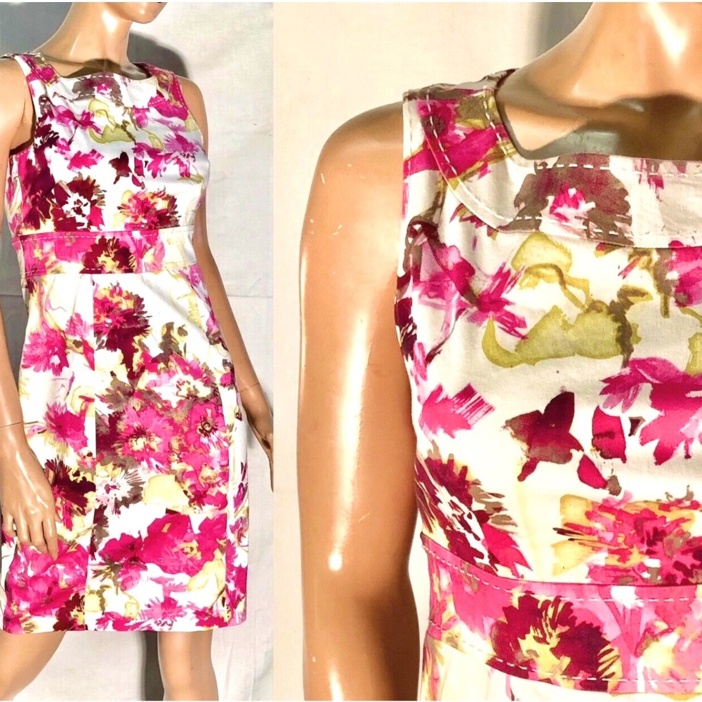 Vtg Y2K White Hot Pink Red Bold Floral Stretch Cotton Tank Mini Sheath Dress~4P